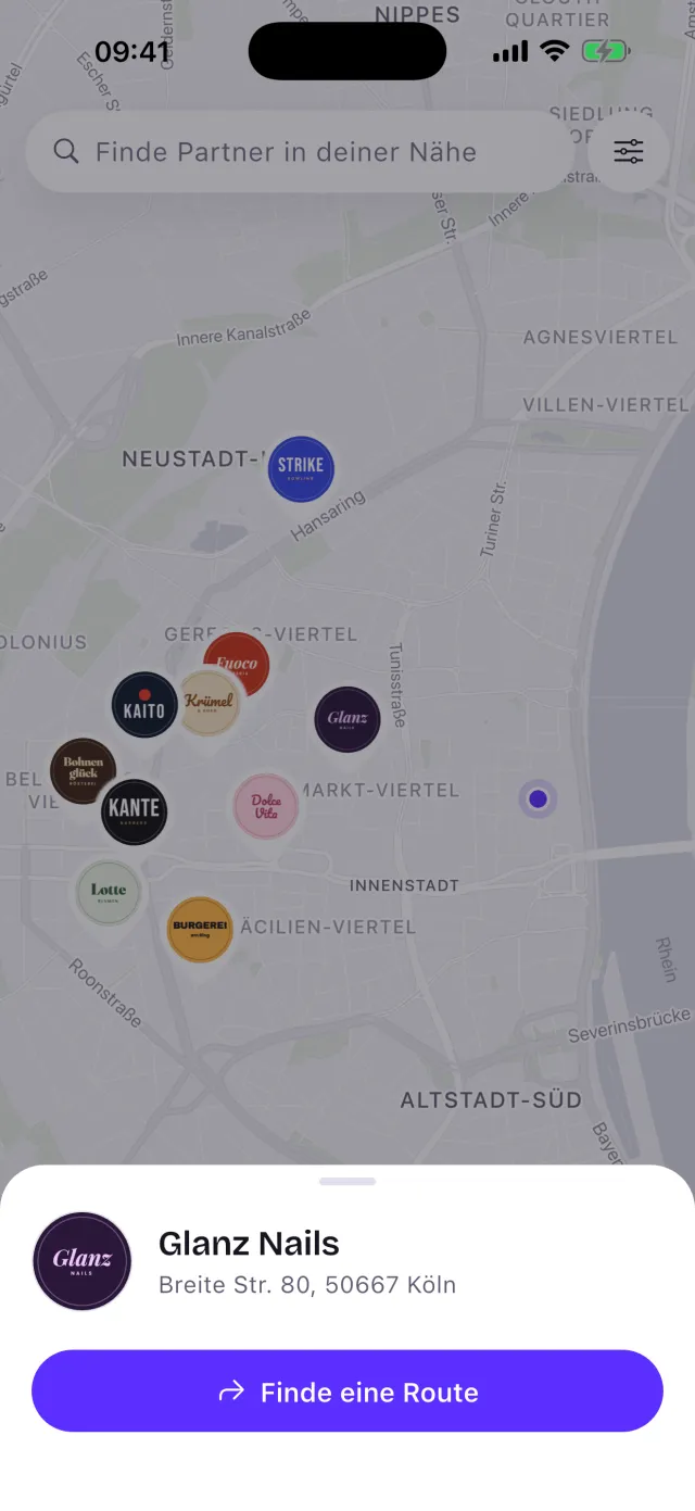 Karte in der Rewardzz App mit teilnehmenden Läden