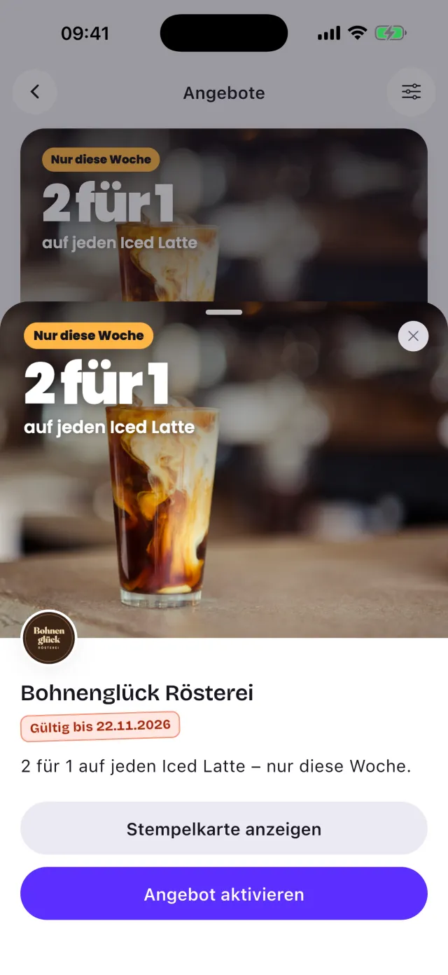 Geöffnetes Angebot: 2 für 1 auf jeden Iced Latte bei der Bohnenglück Rösterei