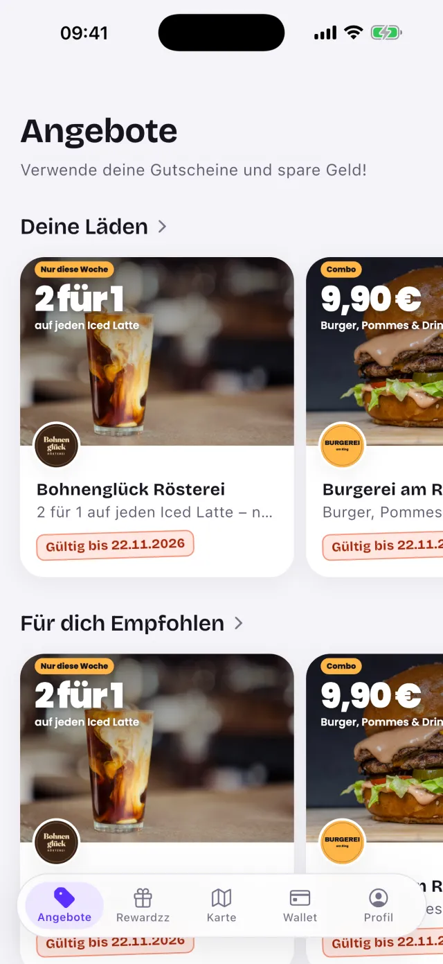 Angebote-Seite der Rewardzz App mit Deals von Läden