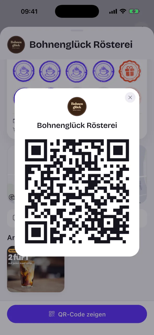 QR-Code der Bohnenglück Rösterei in der Rewardzz App