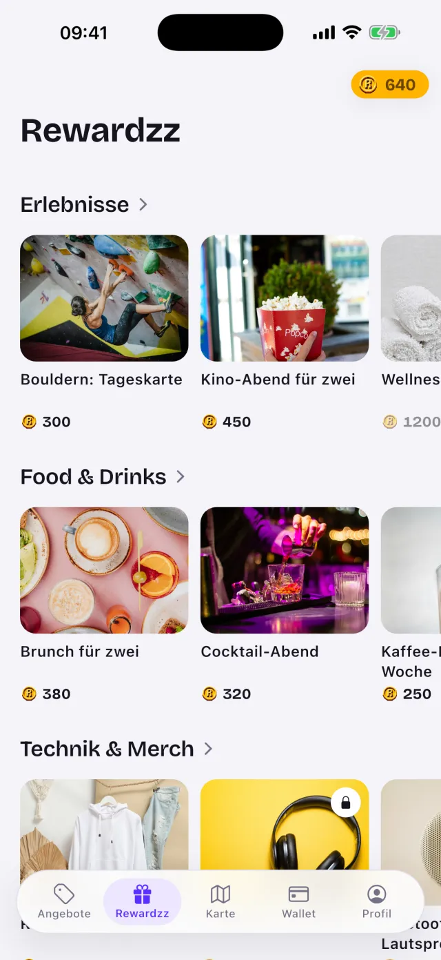 Prämien-Shop der Rewardzz App mit Erlebnissen, Food und Technik gegen Coins