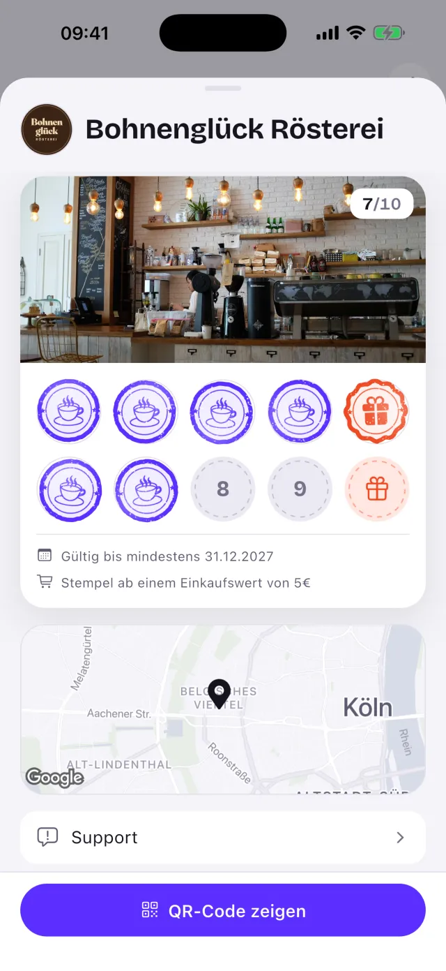 Stempelkarte der Bohnenglück Rösterei in der Rewardzz App mit Belohnungen und QR-Code-Knopf